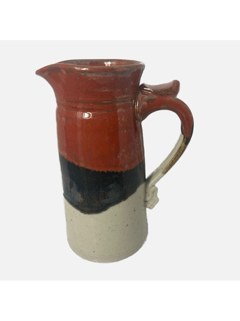 Vintage Art Pottery Handmade Pitcher Drip Glaze Rust Black Handle Signed Artist